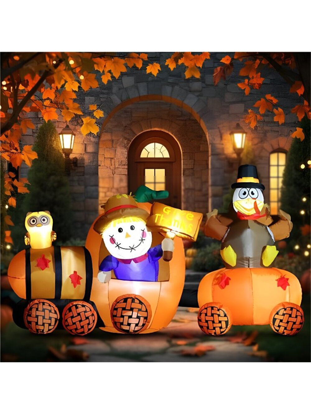 6FT Thanksgiving Lighted Inflatable Scarecrow Driving Pumpkin Train with